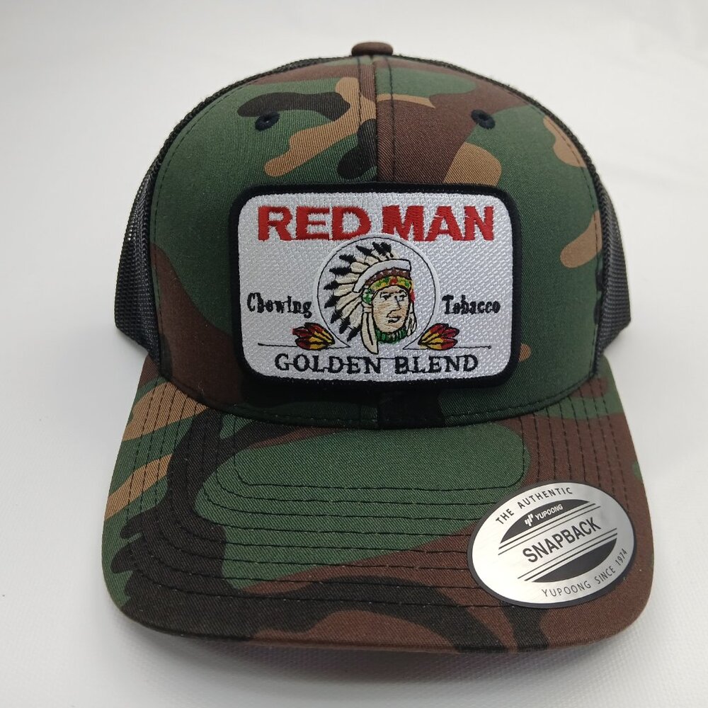 Camo And Black Mesh Snapback Red Man Patch Curved Bill Hat - Picture 2 of 4